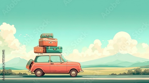 Travelling by car. Retro car with luggage on the roof. Car on the road with a lot of suitcases on roof. Family travel on vacation