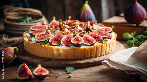 delicious tart with fresh figs and goat cheese on rustic slate on wooden table