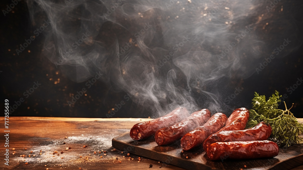 smoked sausages on a wooden board and paper. copy space for text smoked sausages on a wooden board and paper. copy space for text