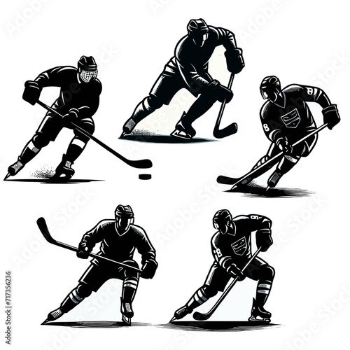 Collection of Ice Hockey Player Silhouettes in Dynamic Poses - Vector Style 01
