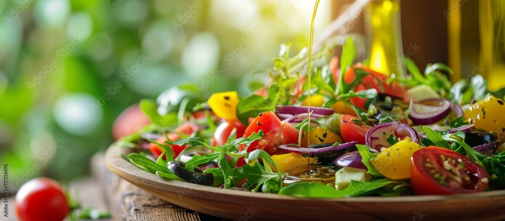 Vegetarian salad with fresh veggies, served on an eco-friendly plate, drizzled with olive oil.