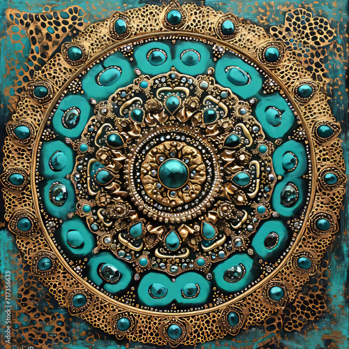 Ornate mandala with animal print accents and turquoise stones on vintage background