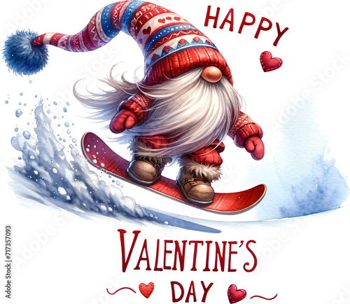 Gnome in action while taking a leap off a snowboard with text Happy Valentine's Day photo