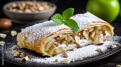delicious homemade apple strudel with fresh apples nuts and powdered sugar