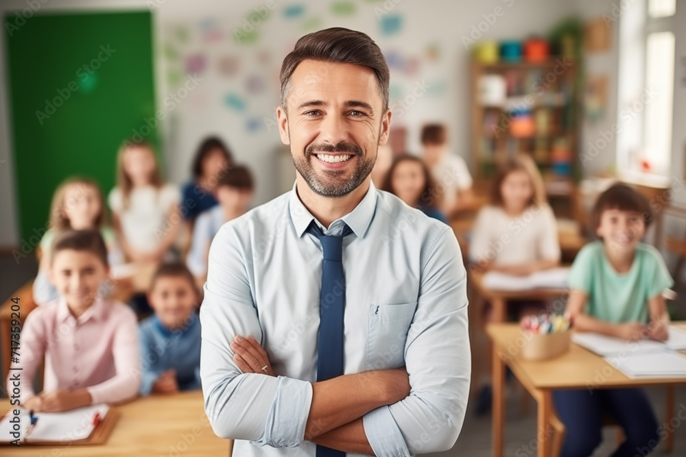 Portrait of smiling male teacher in a class at elementary school looking at camera with learning students on background. Generative AI Portrait of smiling male teacher in a class at elementary school looking at camera with learning students on background. Generative AI