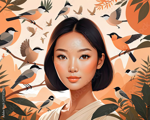 Minimalist Beauty - Close-up portrait of a radiant Asian woman surrounded by nature and birds Gen AI photo