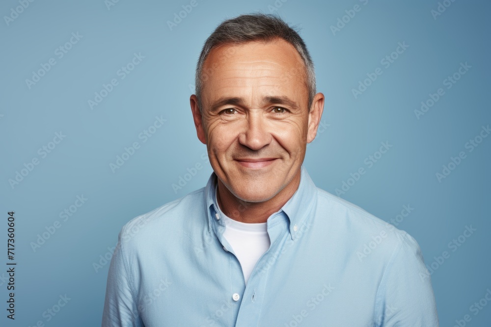 Portrait of happy mature man looking at camera and smiling while standing against blue background Portrait of happy mature man looking at camera and smiling while standing against blue background
