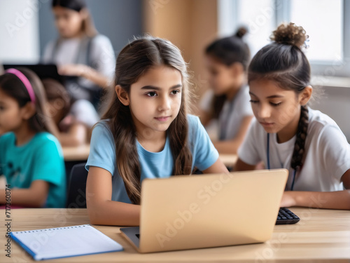A young girl  immersed in a coding lesson  hones her tech skills while seated with a laptop.
