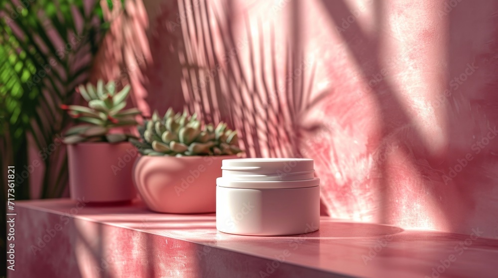 Herbal Moisturizer jar of cosmetic moisturizer cream on nature background. Organic natural ingredients beauty product among green plants. Skin care, beauty and spa product presentation, copy space. Herbal Moisturizer jar of cosmetic moisturizer cream on nature background. Organic natural ingredients beauty product among green plants. Skin care, beauty and spa product presentation, copy space.