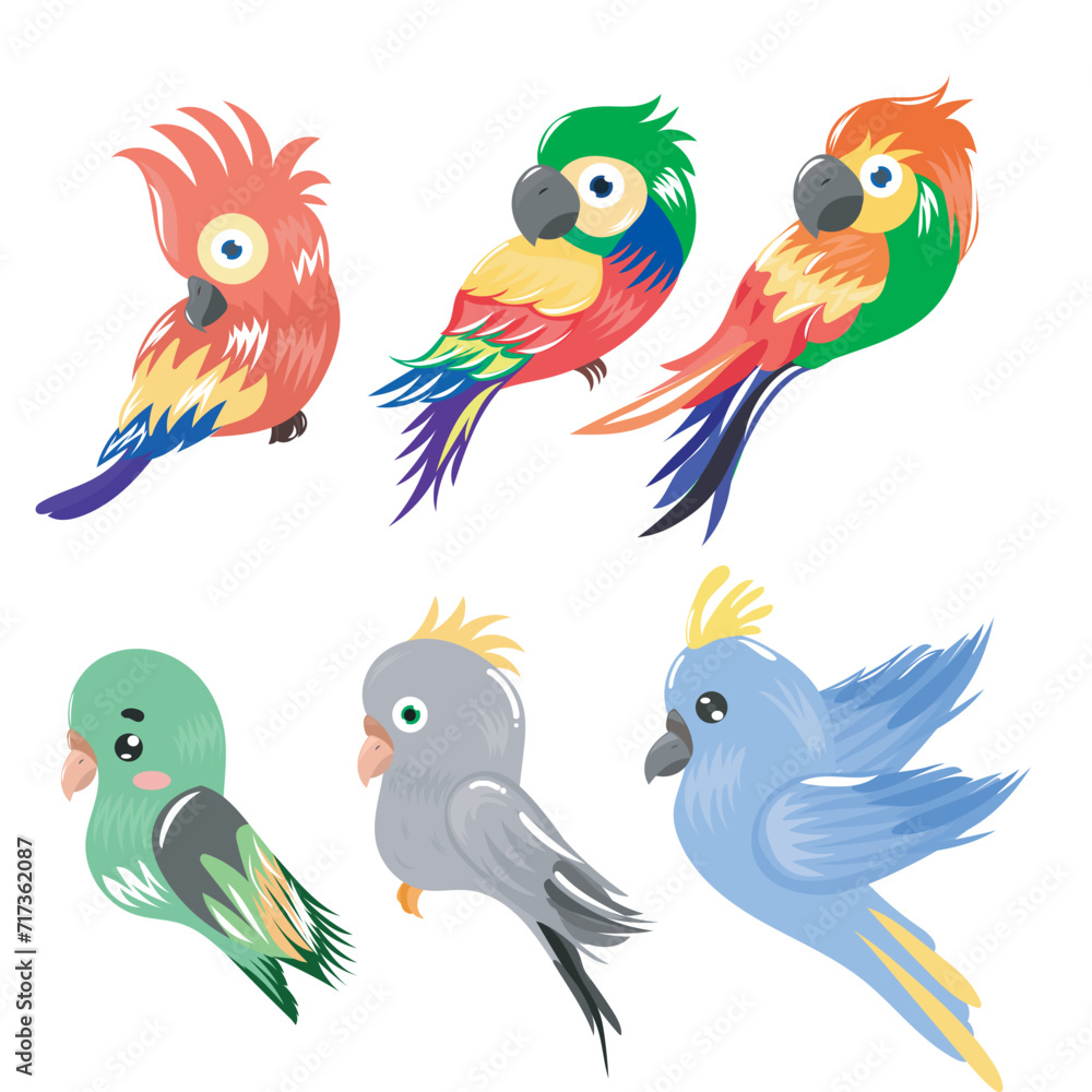 set of parrot bird animal isolated on white background. set with cute cartoon parrots illustrations set of parrot bird animal isolated on white background. set with cute cartoon parrots illustrations