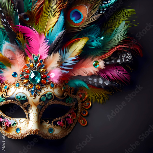 Close up of Carnival Mask and Copy space area, decorated with diamond, colorful feathers, black background 