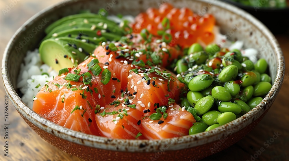 Close-up hawaiian salmon fish poke bowl with rice, radish, cucumber, edamame