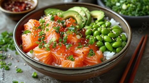 Close-up hawaiian salmon fish poke bowl with rice, radish, cucumber, edamame