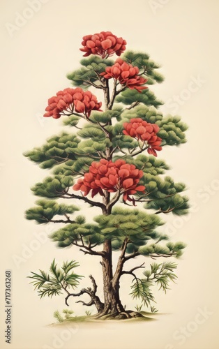 Colorful photorealistic pine tree showing its tops and roots. realistic flat shading, xmaspunk, symmetrical arrangements, delicately detailed, red and green bold colors, 