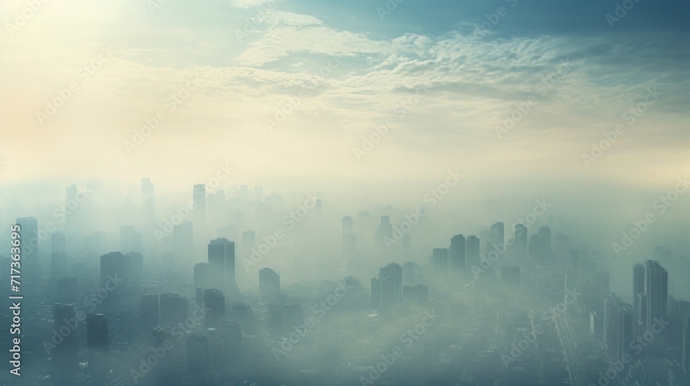 Hazy Metropolis A captivating view of a city enveloped in a hazy layer of pollution, illustrating the ongoing battle between urbanization and environmental conservation.