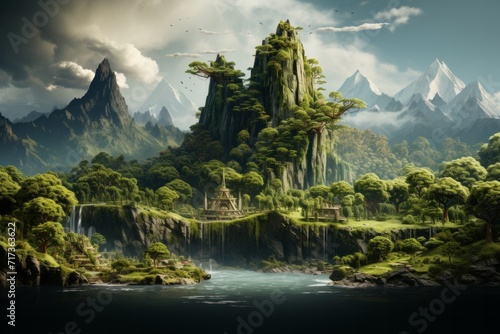 Greenery-Filled Island with Majestic Mountains, Dense Forest, and a Serene Waterfall, on an isolated Forest Green background, Generative AI