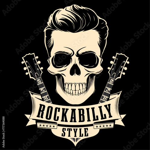 Skull in rockabilly style vector illustration image with guitars next to vintage ribbon banner