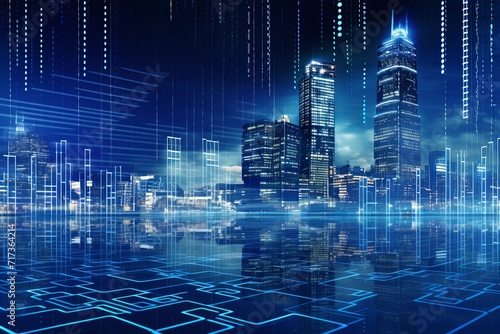 Metaverse smart technology city. Digital futuristic data skyscrapers on technological blue background. Business, science, internet concept, Generative AI 