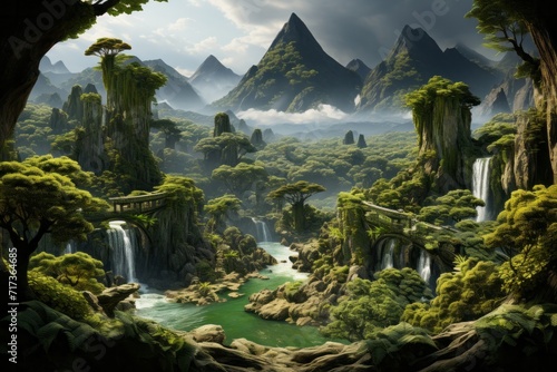 Greenery-Filled Island with Majestic Mountains  Dense Forest  and a Serene Waterfall  on an isolated Forest Green background  Generative AI