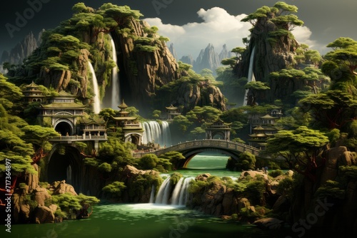 Hidden Green Island Oasis with Dense Foliage, Mountains, and a Cascading Waterfall, on an isolated Olive Drab background, Generative AI