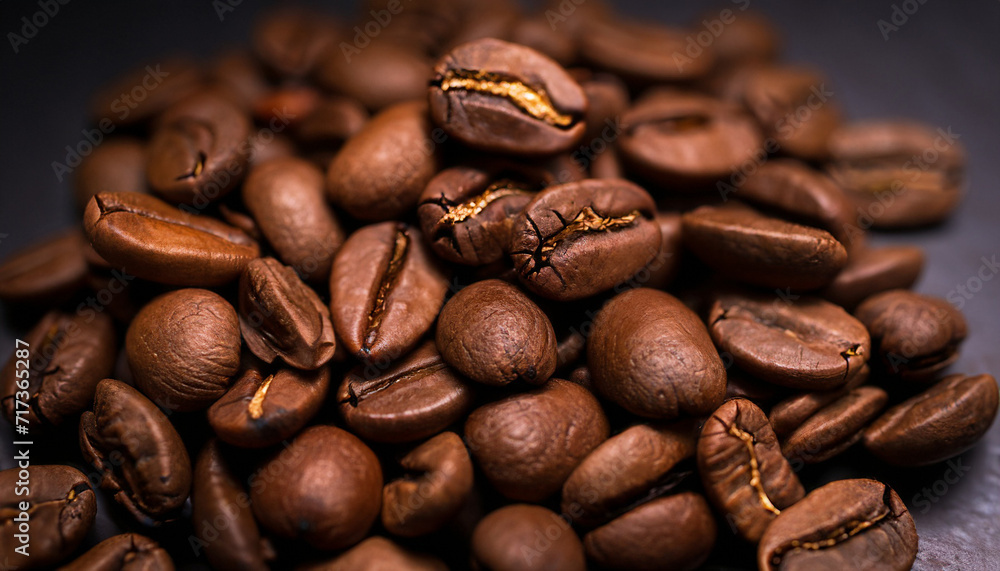 Naklejka premium Brown Roasted Coffee Beans Closeup On Dark Background
