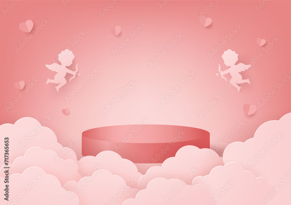 Happy valentine's day background for product display decorate with cupids clouds and hearts shape, Vector illustration.