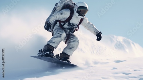 An astronaut in space suit riding a snowboard. Generative AI.