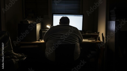 A man sitting at a desk in the dark. Generative AI.