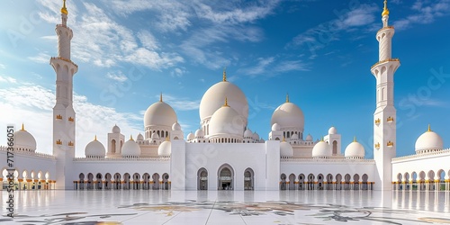 Mosque with a White cloudy Blue sky. Islamic background photo illustration