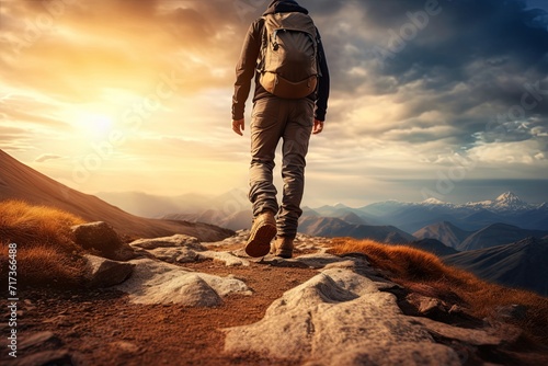 Hiker goes against sky and sun. Hiking concept created with generative Ai technology, Generative AI 