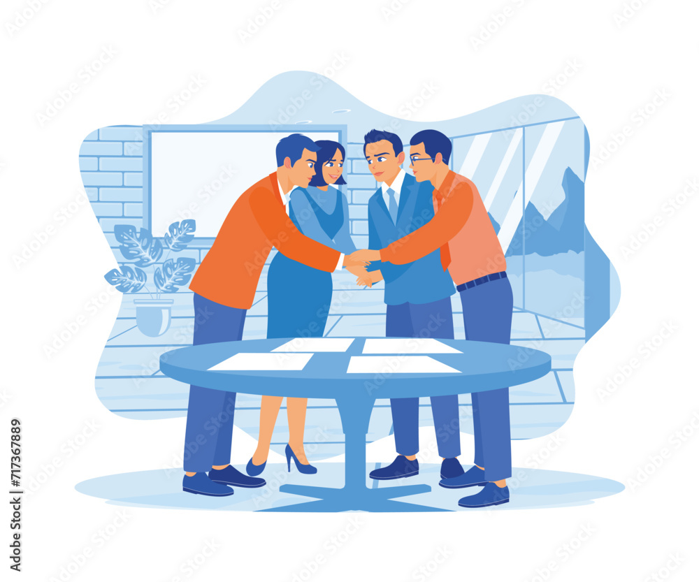 A group of businessmen gathered in a meeting room, holding hands while sitting around a table. Teamwork meeting concept. Flat vector illustration. A group of businessmen gathered in a meeting room, holding hands while sitting around a table. Teamwork meeting concept. Flat vector illustration.