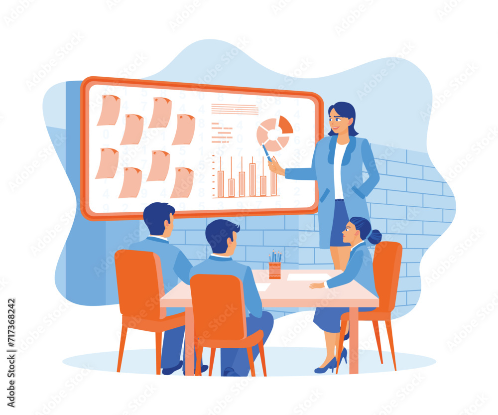 Female manager leading meeting in office. Discuss and plan business developments with on-screen graphs. Teamwork meeting concept. Flat vector illustration. Female manager leading meeting in office. Discuss and plan business developments with on-screen graphs. Teamwork meeting concept. Flat vector illustration.