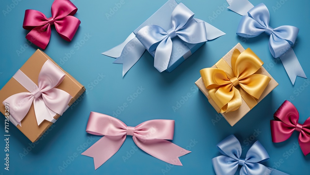illustration of colorful gifts with bows and ribbons placed on blue background illustration of colorful gifts with bows and ribbons placed on blue background