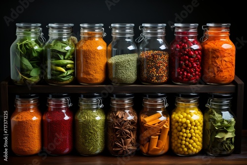 Pantry shelf displaying a colorful collection of spices and herbs, Generative AI