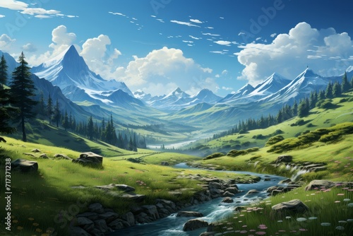 Tranquil Green Oasis with Forested Mountains, on an isolated Serene Blue background, Generative AI