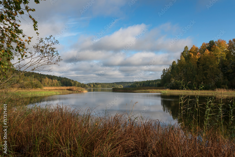 View from the shore of Lake Ladoga near the village of Lumivaara on a sunny autumn day, Ladoga skerries, Lahdenpohya, Republic of Karelia, Russia