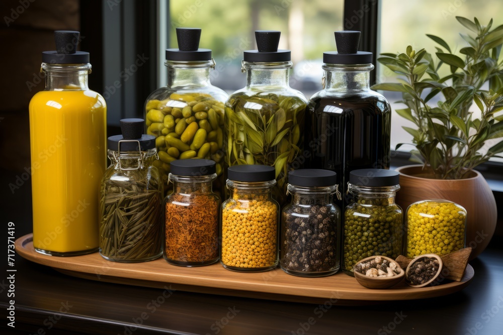 Pantry shelf showcasing a selection of gourmet olive oils and vinegars, Generative AI Pantry shelf showcasing a selection of gourmet olive oils and vinegars, Generative AI