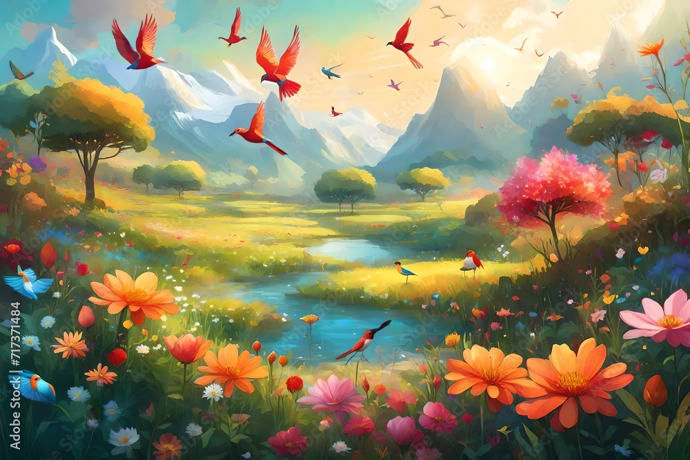 picturesque meadow filled with AI-designed exotic flowers and colorful birds, capturing the essence of a harmonious natural ecosystem