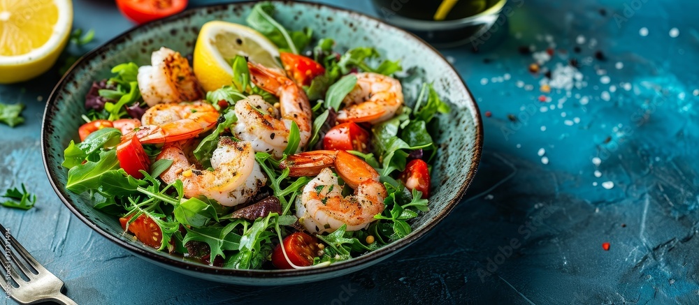 Seafood salad with lemon vine sauce on blue background Seafood salad with lemon vine sauce on blue background