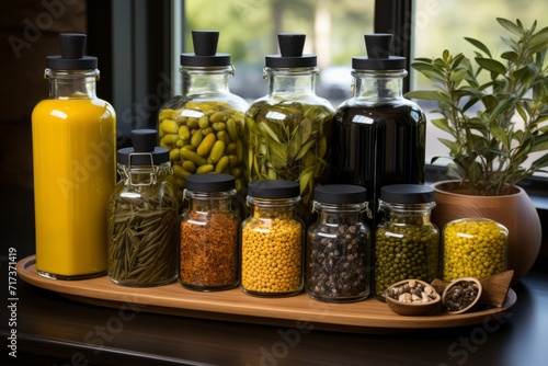 Pantry shelf showcasing a selection of gourmet olive oils and vinegars, Generative AI