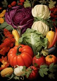 Colorful photorealistic print vintage garden vegetables on a black background. Purple white green yellow and red colours.