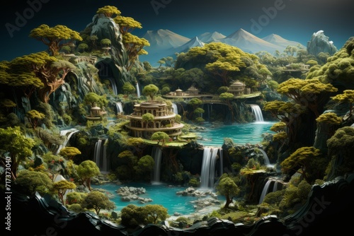 Verdant Island with Rolling Hills, Dense Trees, and Cascading Waterfall, on an isolated Aqua Blue background, Generative AI 02 © Box Milk