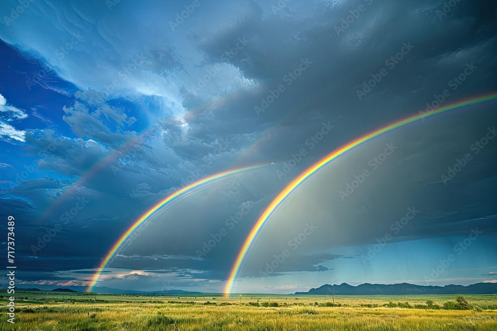 rare occurrence of a double rainbow against a dramatic sky. rare occurrence of a double rainbow against a dramatic sky.