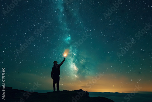 silhouette of a man with torch under night sky with stars and milky way