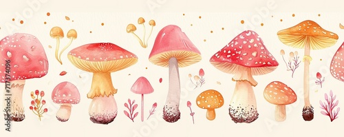 cute hand drawn watercolor mushrooms set