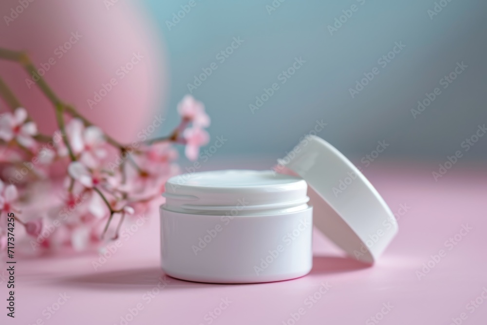Cream jar on pink with flowers. Cream jar on pink with flowers.