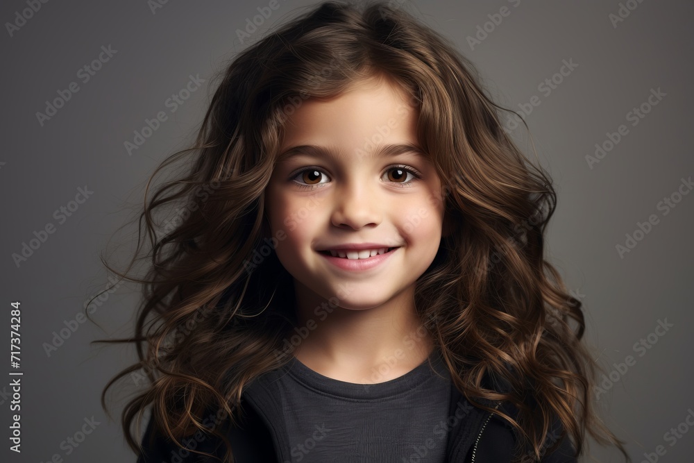 Portrait of a smiling little girl with long curly hair. Studio shot. Portrait of a smiling little girl with long curly hair. Studio shot.