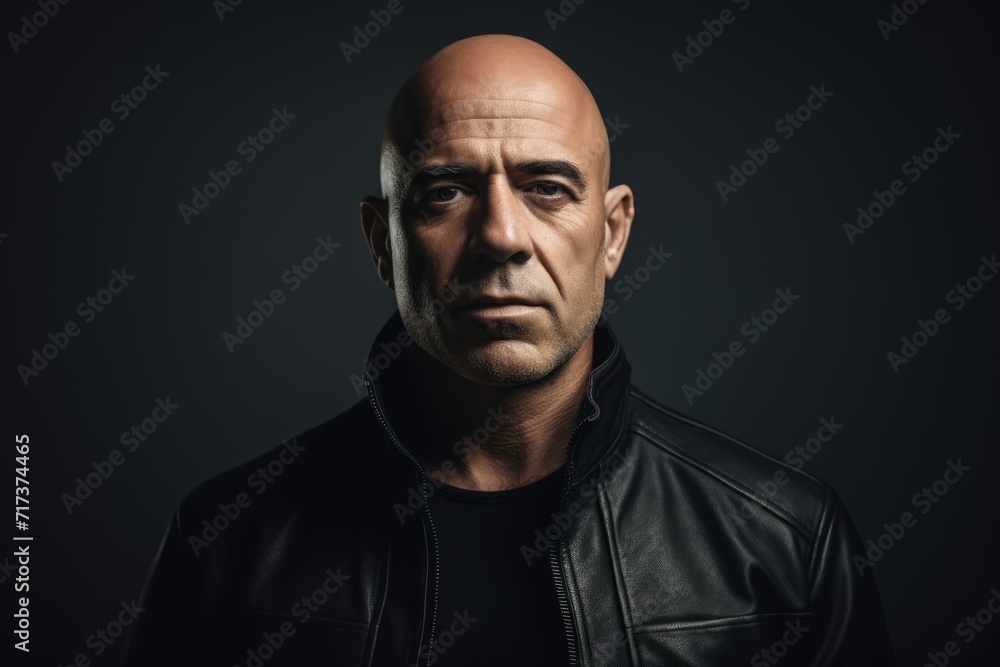 Portrait of a serious mature man in a black leather jacket. Portrait of a serious mature man in a black leather jacket.