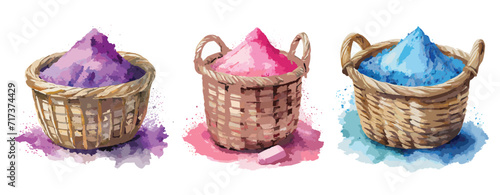 Three baskets of coloured powder