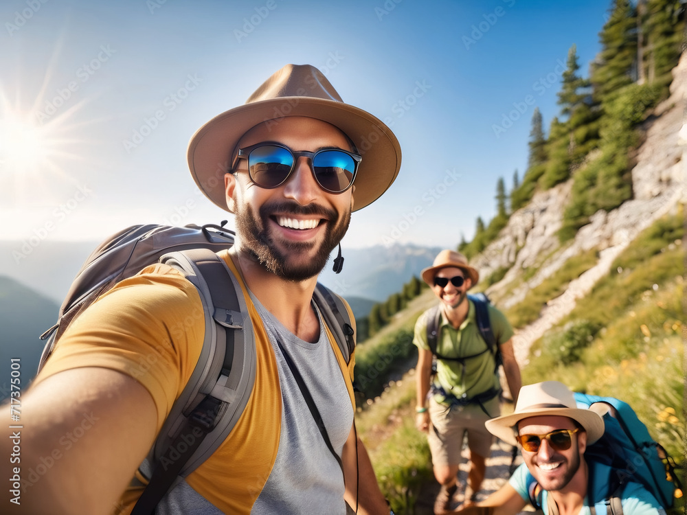 A stylish gentleman adorned in a hat and sunglasses captures a selfie during a sunny summer vacation day. A stylish gentleman adorned in a hat and sunglasses captures a selfie during a sunny summer vacation day.